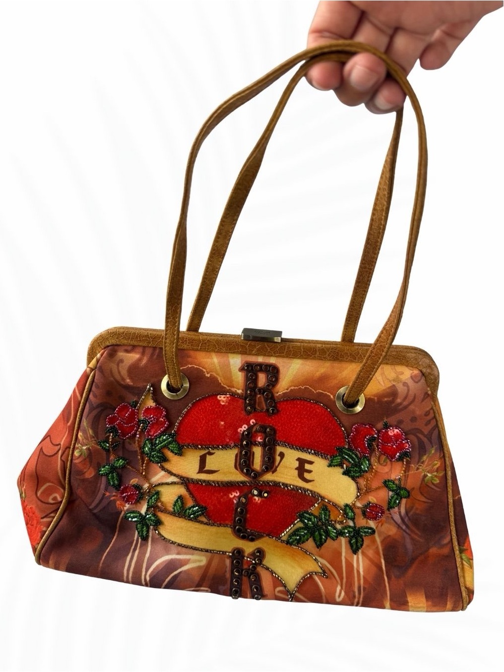 Isabella Fiore Vintage LOVE Heart Beaded Sequin Shoulder Bag Y2K